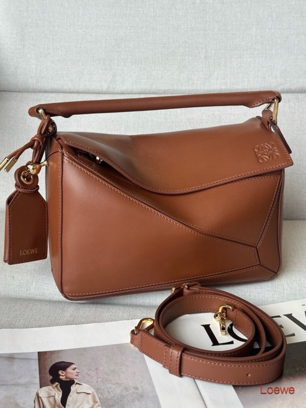 Loewe Tan Puzzle-Panel Shoulder Bag with Top Handle